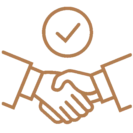Two hands shaking with approval checkmark above, representing trust and dental partnership agreement.