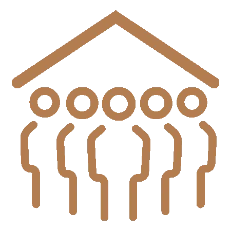 Five people standing together under a roof icon representing community dental care.