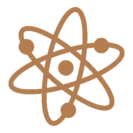 Atom symbol with electrons orbiting nucleus, representing science and dental innovation.