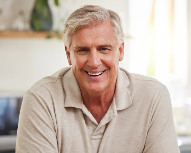Smiling middle-aged man in beige polo shirt in bright dental office setting.