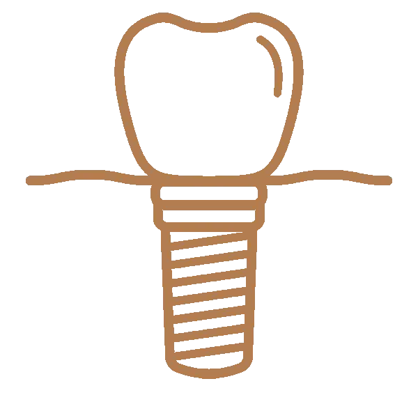 Dental implant icon showing tooth crown above screw-like implant post in bone.