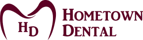 Hometown Dental logo featuring tooth outline and burgundy text branding.